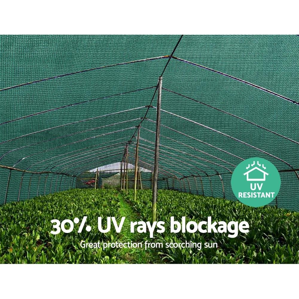 Instahut 1.83x50m UV Shade Cloth in green, showcasing its knitted fabric and roll form, ideal for garden and greenhouse use.